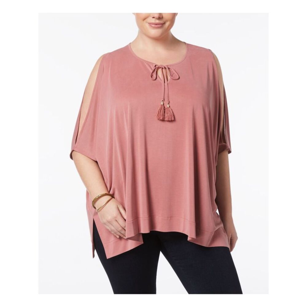 LOVE SCARLETT Womens Pink Tie Tassel Kimono Sleeve Round Neck Top Plus 1X